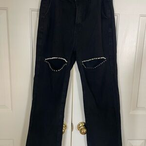 T Swift inspired Black Women Jeans with Rhinestone Knee Cutout